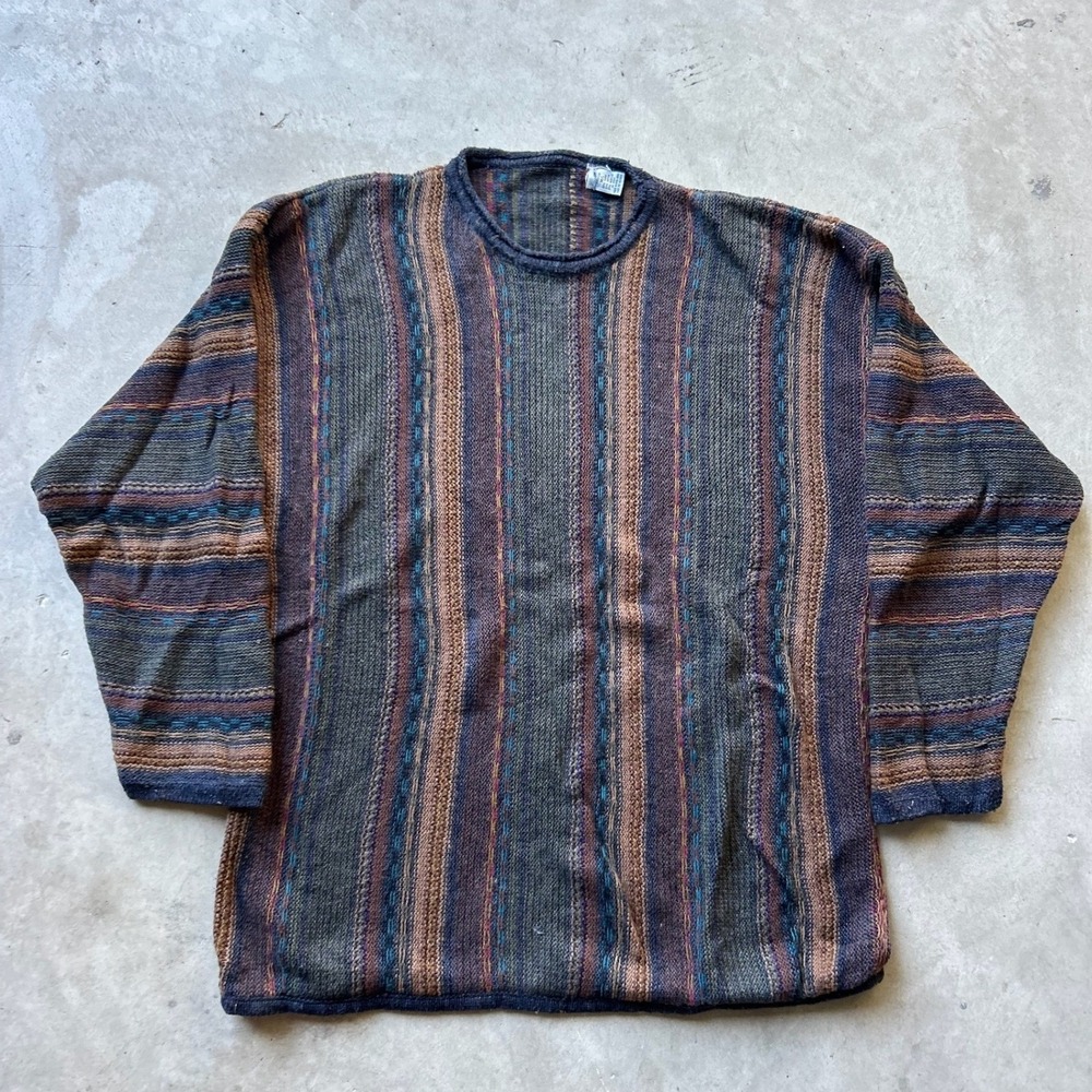 Vintage Oversized Vertical Striped Knit Sweater Earth Tones Ramie Blend M/L